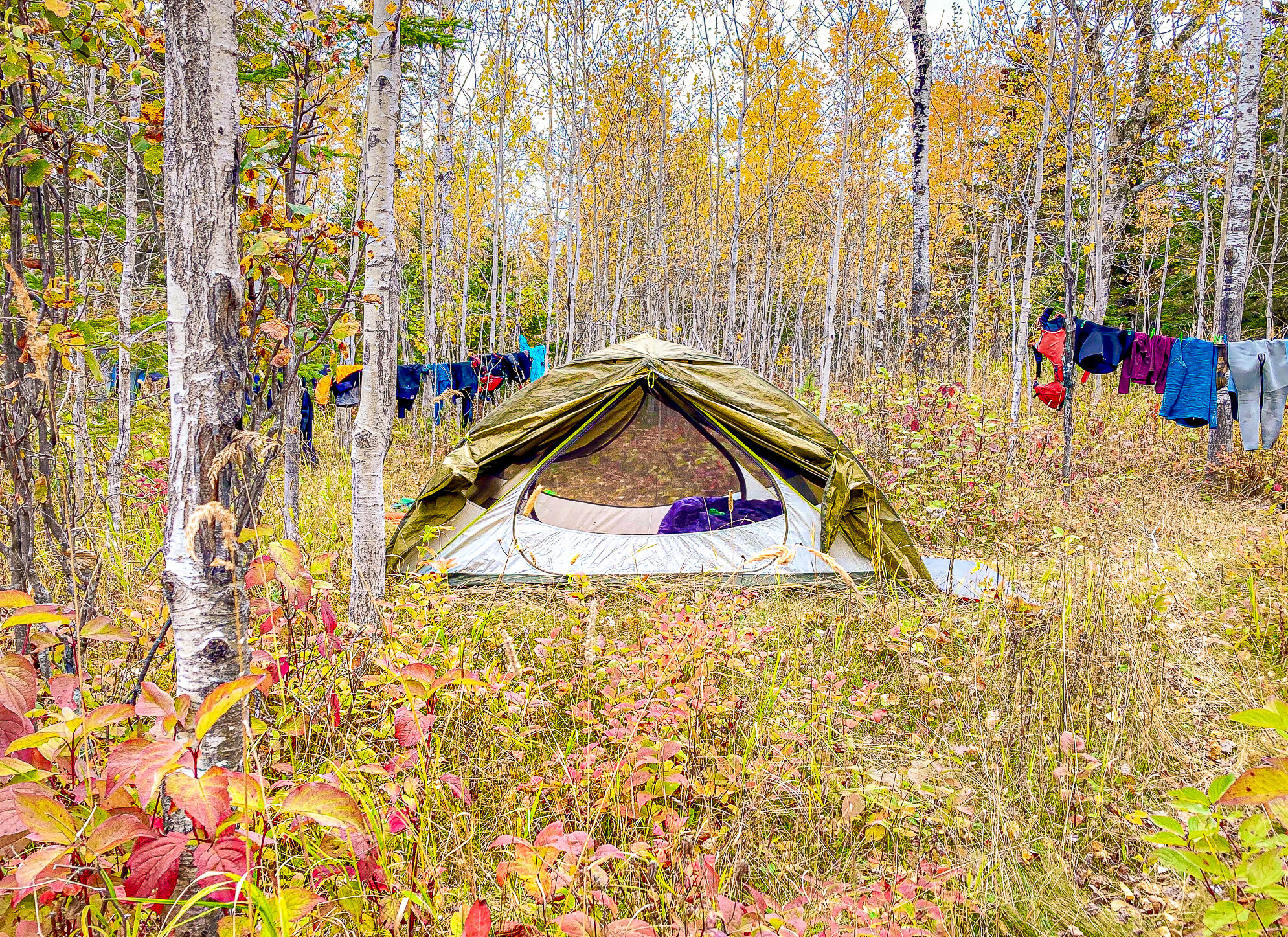 image of a tent on isle royale when kayak camping isle royale in the fall