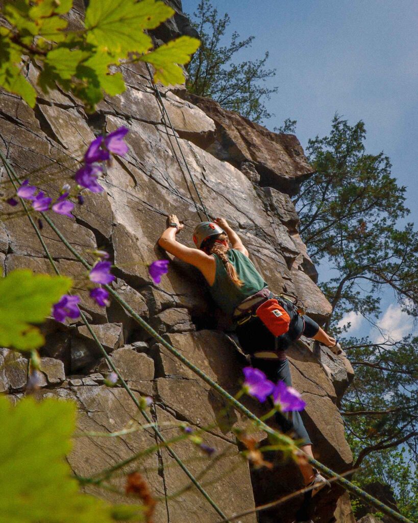 rock climber with flowers all around - women's adventure photography sample