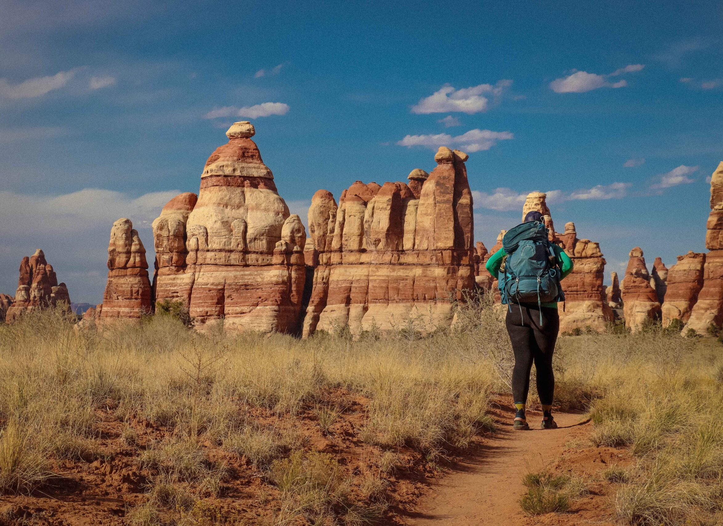 image of a hiker in canyonlands national park near needles