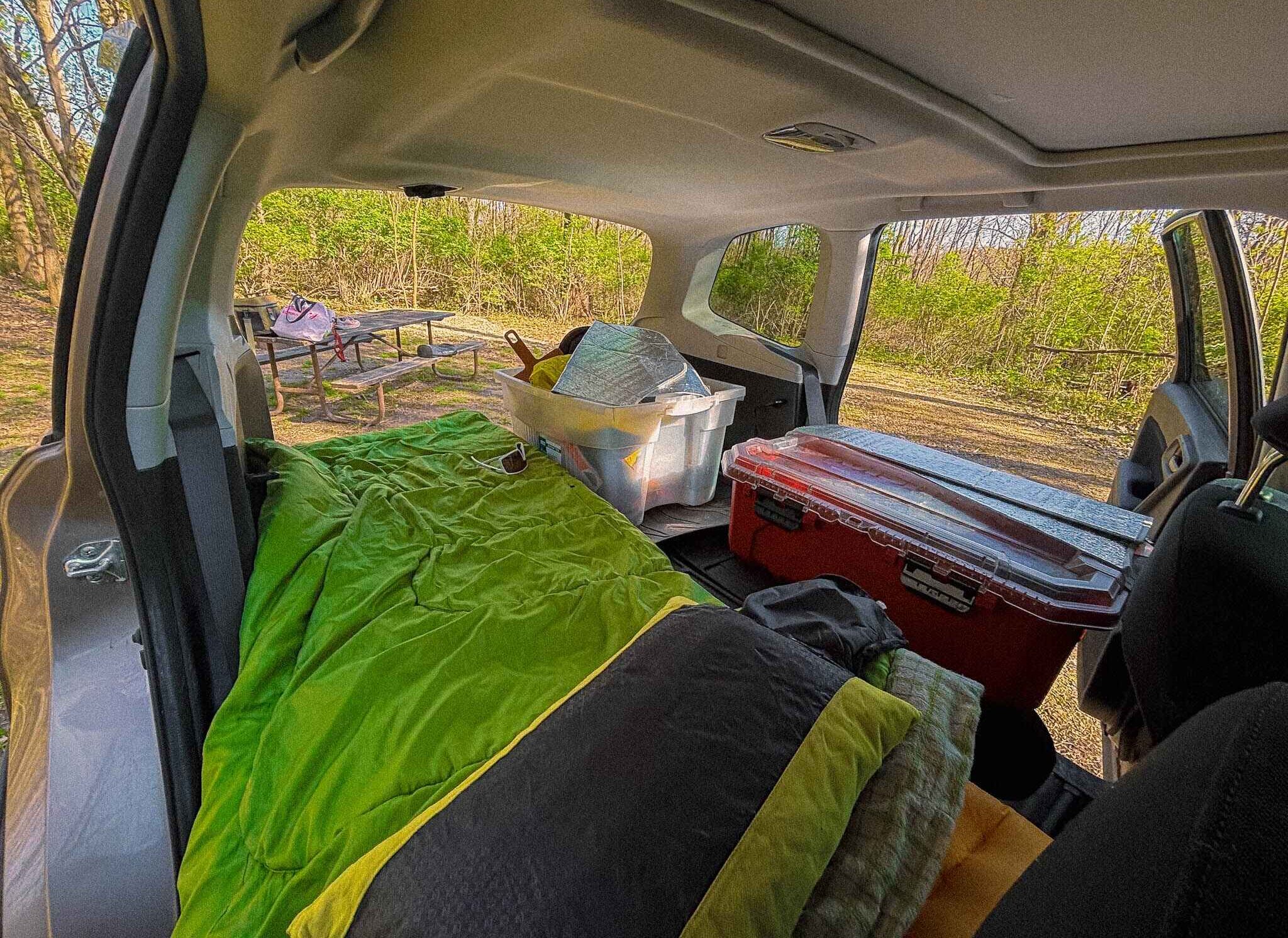 image of a car camping setup in a subaru forester
